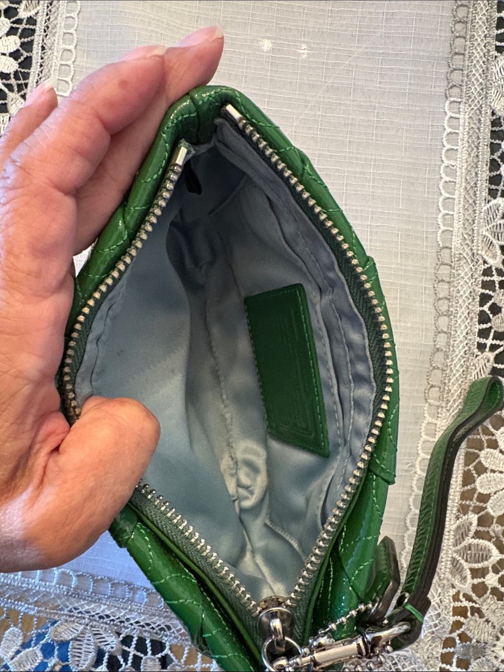 Coach Quilted Patent Leather Green Wristlet with Strap - Picture 5 of 7